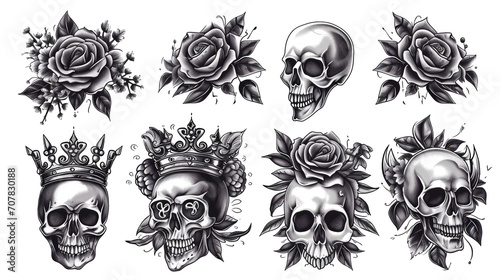 set skull crown rose concept tattoo on white background