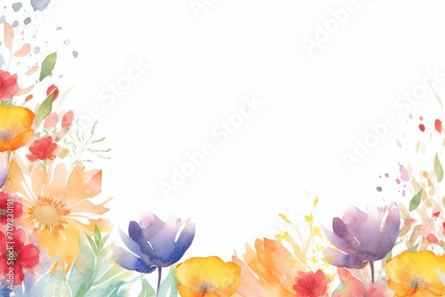Spring may flower banner with watercolor painted frame of decorative ornament blossom patterns over white background symbolized beauty femininity mockup  may  colorful mother s day copy space for text