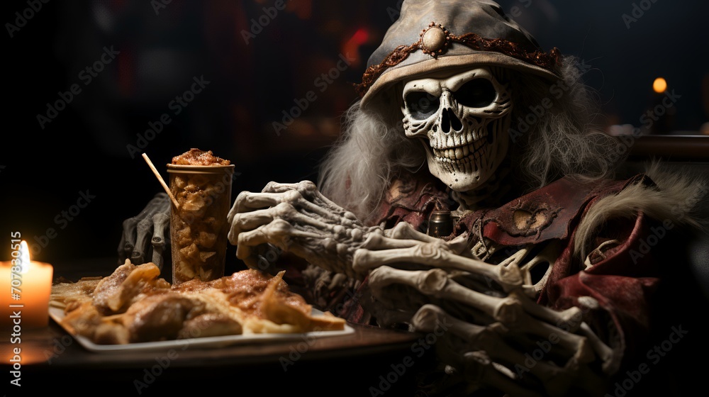 Happy Skeleton Eating Fast Food on Black Background

