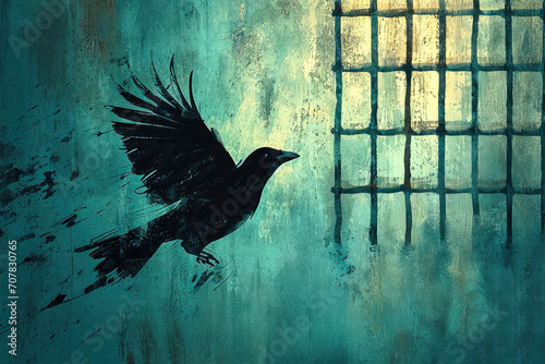 Ilustración de un pájaro volando fuera de una jaula, representando la liberación de las tensiones mentales y emocionales de una persona con estrés o depresión photo