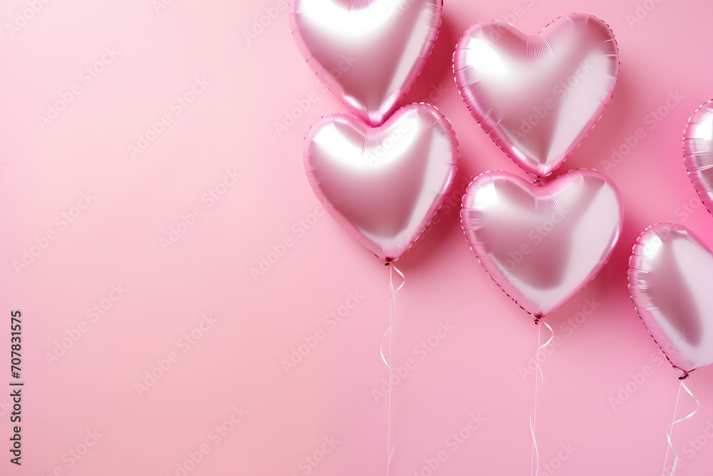 Heart shaped pastel pink Valentine's day foil balloons on side of pink background with copy space