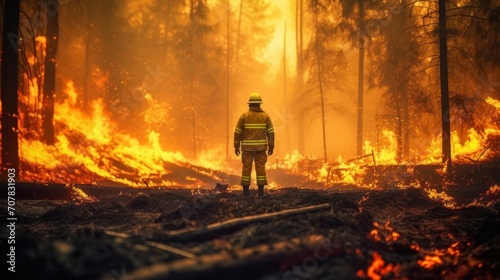 Firefighter standing with stands amidst a forest fire, flames.