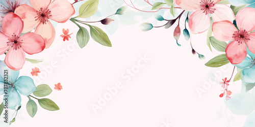 Spring flowers arrangement. Floral frame with copy space. Wedding invitation template. Pastel color, isolated watercolor illustrator.	 #707832321