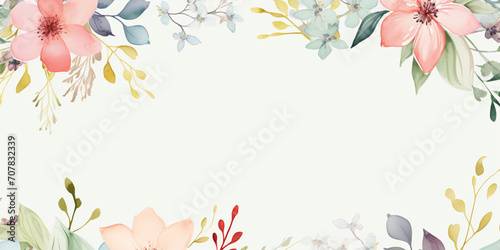 Spring flowers arrangement. Floral frame with copy space. Wedding invitation template. Pastel color, isolated watercolor illustrator.	 photo
