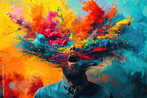 Ilustración de una explosión de colores y formas positivas emanando de la cabeza de un trabajador, simbolizando pensamientos positivos, creatividad