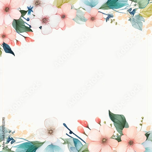 Spring flowers arrangement. Floral frame with copy space. Wedding invitation template. Pastel color  isolated watercolor illustrator. 