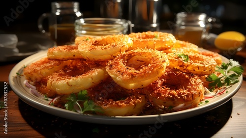 Pile of Onion Rings on a Plate with Condiments