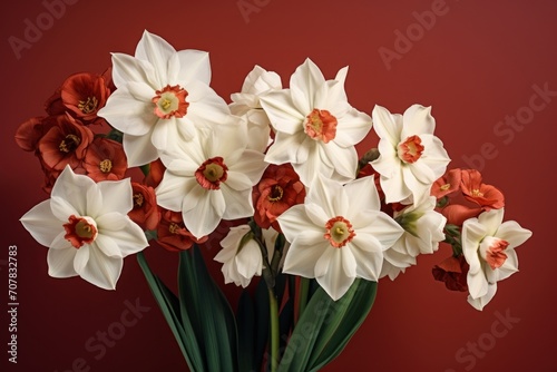 Bouquet of white narcissus on a maroon colored backdrop isolated pastel background 