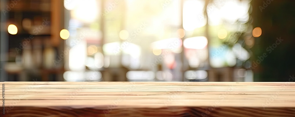 Rustic elegance. Abstract composition featuring wooden table and counter blurred background with bokeh lights perfect for showcasing products or creating warm vintage atmosphere in restaurant or cafe