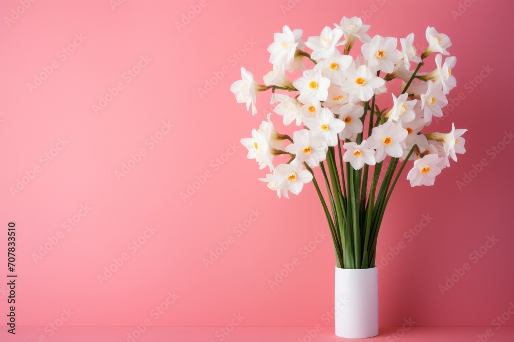 Bouquet of white narcissus on a plum colored backdrop isolated pastel background 