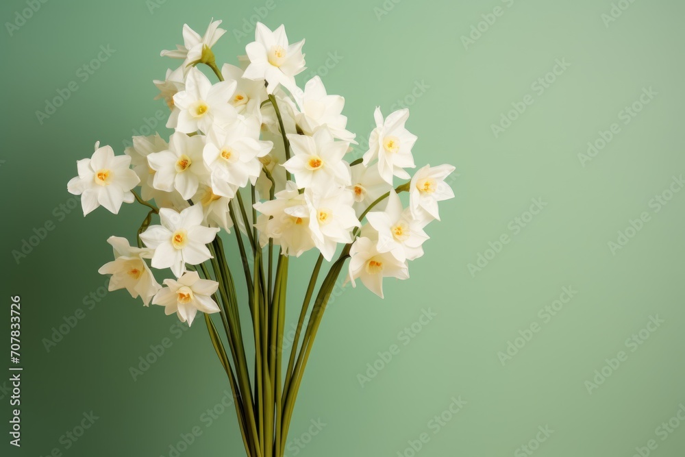 Bouquet of white narcissus on a plum colored backdrop isolated pastel background