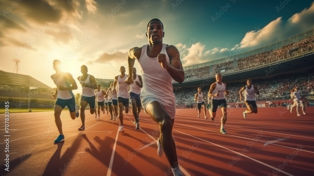 men sprinters run on track stadium in athletics competition. Female athletes running on the track during professional Track and Field Race - obrazy, fototapety, plakaty 