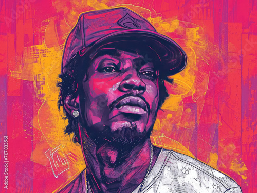 Ilustración colorida acuarela oscura de cantante urbano afroamericano, rap, hip hop