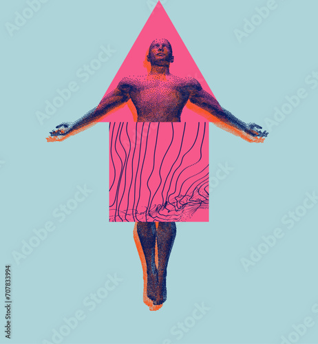 Man spread his arms in different directions. Men enjoying the freedom. Victory. Pixel art. 3D vector illustration for cover, card, postcard, interior design, banner, poster, brochure or presentation.