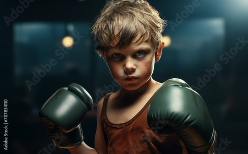 Boy in boxing gloves in the ring or gym. Boxer training, Sport, and Healthy lifestyle Concept. Generative Ai. © Nanthiwan