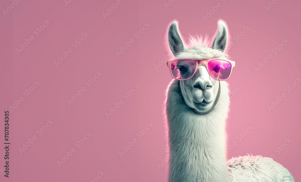 Creative animal concept. llama in sunglass shade glasses isolated on solid pastel background, commercial, editorial advertisement, surreal surrealism
