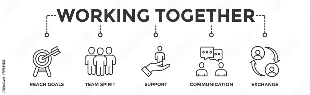 Working together banner web icon vector illustration concept for team management with an icon of collaboration, reach goals, team spirit, support, communication, and exchange Working together banner web icon vector illustration concept for team management with an icon of collaboration, reach goals, team spirit, support, communication, and exchange