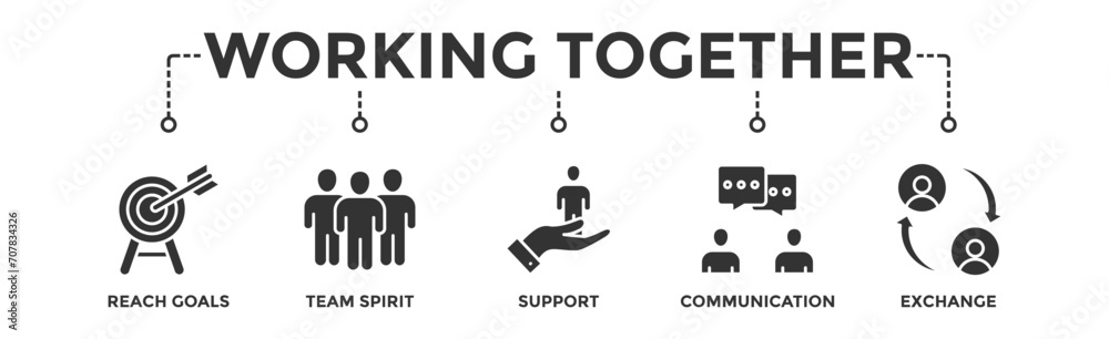 Working together banner web icon vector illustration concept for team management with an icon of collaboration, reach goals, team spirit, support, communication, and exchange Working together banner web icon vector illustration concept for team management with an icon of collaboration, reach goals, team spirit, support, communication, and exchange