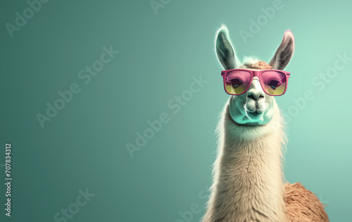 Creative animal concept. llama in sunglass shade glasses isolated on solid pastel background, commercial, editorial advertisement, surreal surrealism