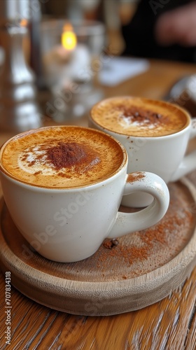 Two Cups of Cappuccino on Wooden Tray