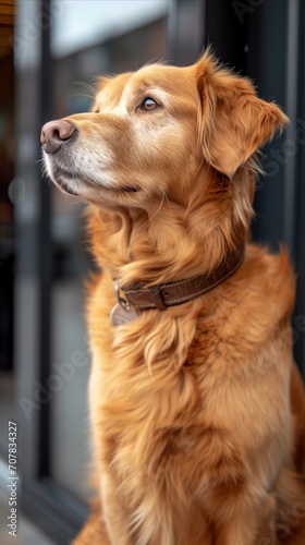 Brown Dog Sitting on Sidewalk