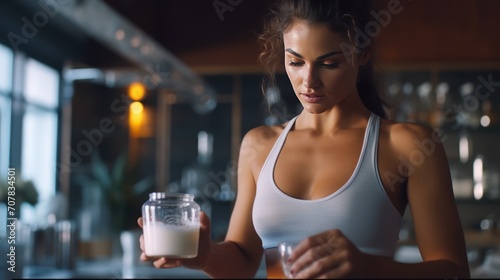 Sporty woman preparing healthy supplement, dissolving collagen powder in a glass of water. beautiful sporty caucasian female generation z healthy lifestyle concept copy space photo