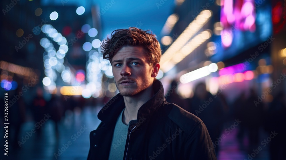 Close up photo of man in the city at night with blue and violet neon lighting Close up photo of man in the city at night with blue and violet neon lighting