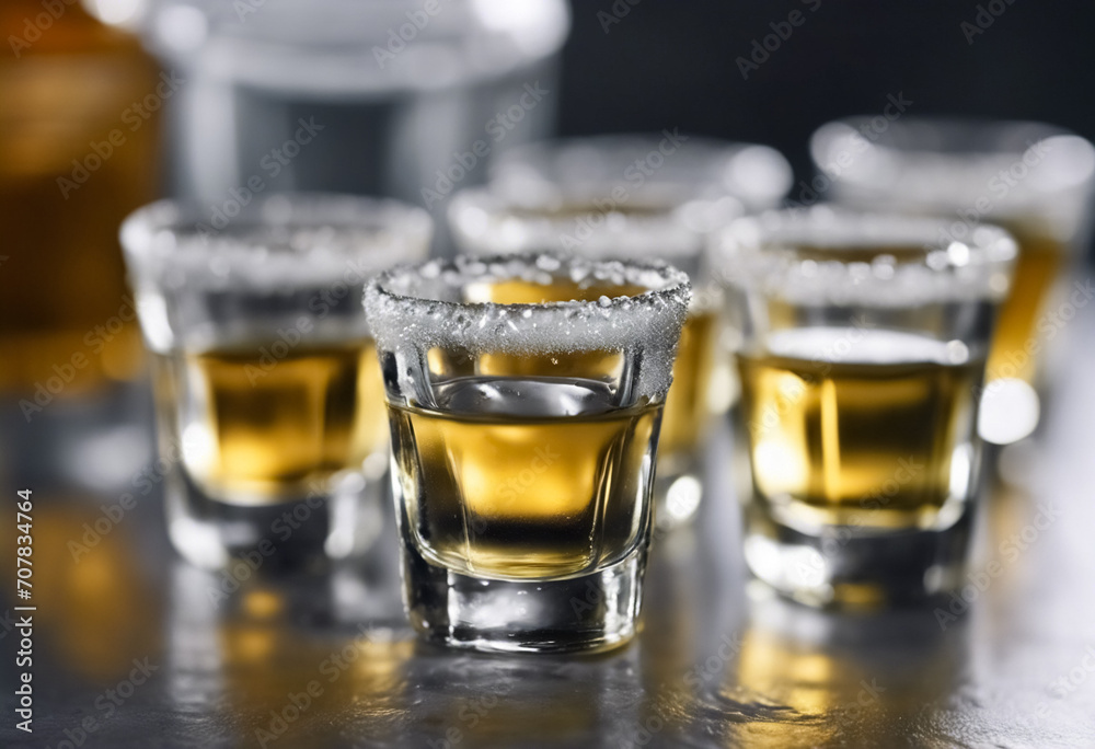 Sapore Intenso- Scatti di Tequila Messicano con Sale su Tavolo Grigio, Dettaglio Ravvicinato in Alta Definizione II Sapore Intenso- Scatti di Tequila Messicano con Sale su Tavolo Grigio, Dettaglio Ravvicinato in Alta Definizione II