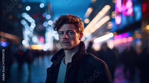 Close up photo of man in the city at night with blue and violet neon lighting