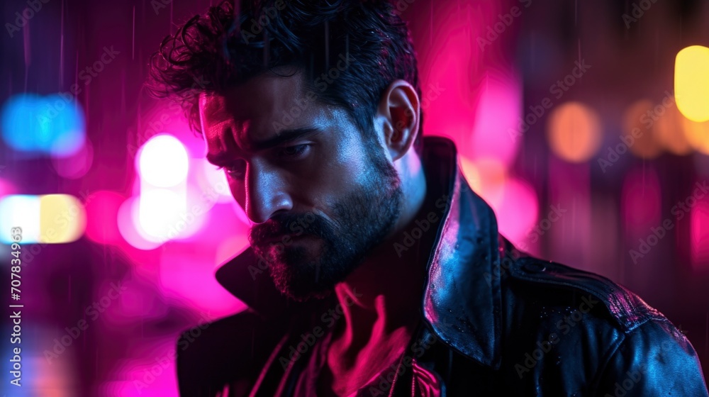 Close up photo of man in the city at night with blue and violet neon lighting Close up photo of man in the city at night with blue and violet neon lighting