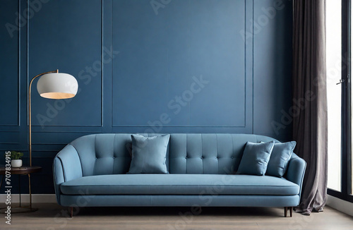 Blue sofa against paneling, wall. Minimalist loft home interior design of modern living room. digital AI.