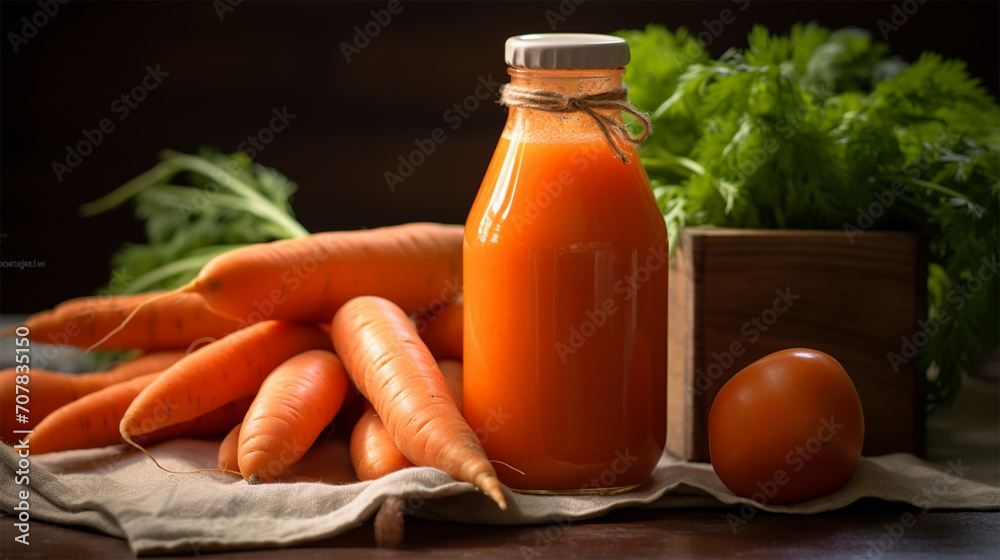 Fresh carrot juice in a bottle with carrots and herbs on a wooden table. Fresh carrot juice in a bottle with carrots and herbs on a wooden table.