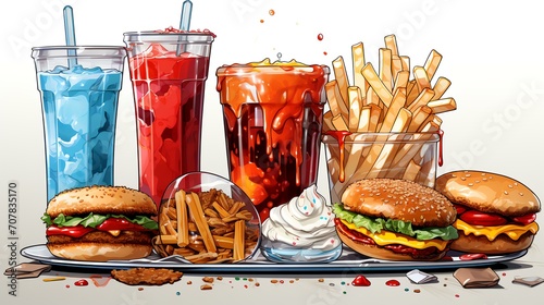 Set of Fast Food Doodle in Watercolor Style

