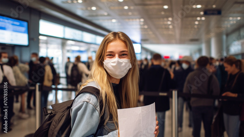 young cheerful woman in a medical mask with a mockup of a blank sheet in her hands meets someone at the airport or train station, with space for text. 