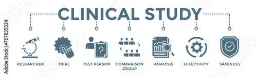 Clinical study banner web icon vector illustration concept for clinical trial research with an icon of researcher, trial, test person, comparison group, analysis, effectivity, and safeness