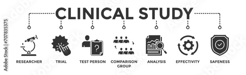 Clinical study banner web icon vector illustration concept for clinical trial research with an icon of researcher, trial, test person, comparison group, analysis, effectivity, and safeness