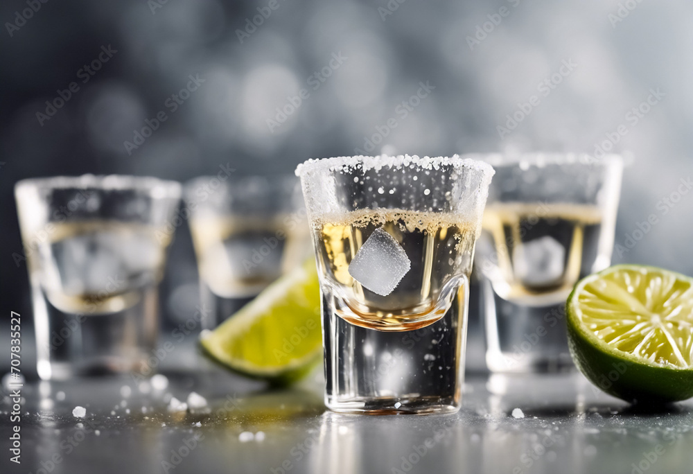 Sapore Intenso- Scatti di Tequila Messicano con Sale su Tavolo Grigio, Dettaglio Ravvicinato in Alta Definizione