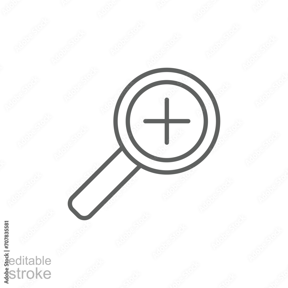 Zoom icon. Simple outline style. Magnify glass with add sign, find, focus, plus, positive, enlarge concept. Thin line symbol. Vector isolated on transparent background. Editable stroke SVG. Zoom icon. Simple outline style. Magnify glass with add sign, find, focus, plus, positive, enlarge concept. Thin line symbol. Vector isolated on transparent background. Editable stroke SVG.