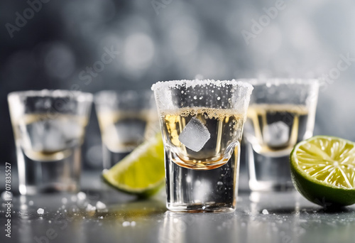 Obraz na płótnie Sapore Intenso- Scatti di Tequila Messicano con Sale su Tavolo Grigio, Dettaglio Ravvicinato in Alta Definizione w salonie