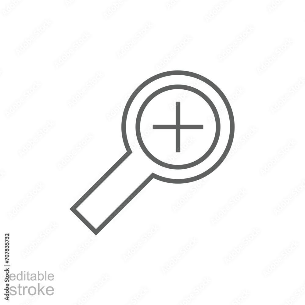 Zoom icon. Simple outline style. Magnify glass with add sign, find, focus, plus, positive, enlarge concept. Thin line symbol. Vector isolated on transparent background. Editable stroke SVG. Zoom icon. Simple outline style. Magnify glass with add sign, find, focus, plus, positive, enlarge concept. Thin line symbol. Vector isolated on transparent background. Editable stroke SVG.