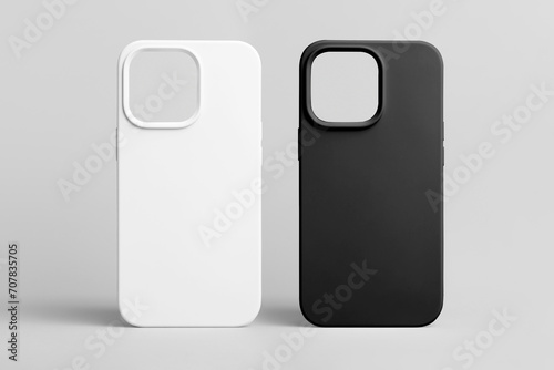 black and white phone case mock up for iPhone 15 Pro isolated on grey background, set of two covers for smart phone
