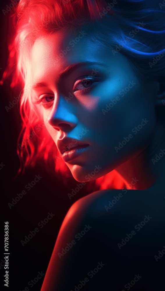 Close up photo of a woman's face, focusing on the lips with blue and red lighting