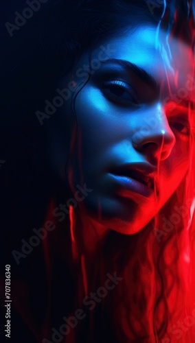 Close up photo of a woman s face  focusing on the lips with blue and red lighting