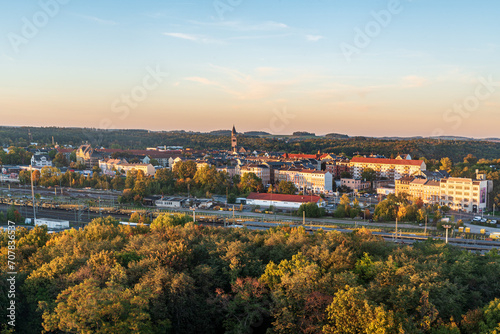 View from lookout tower on Barenstein hill above Plauen city in Germany