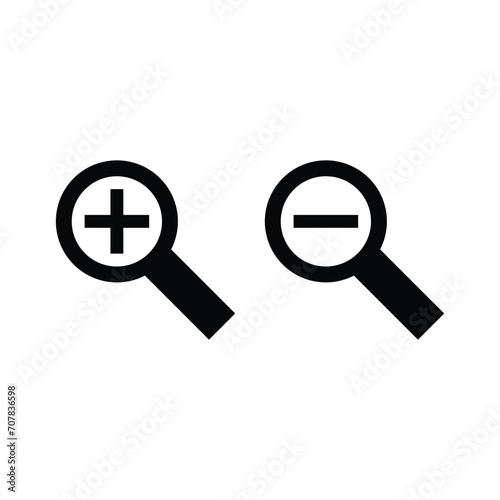 Zoom in and zoom out icons. Simple flat, solid style. Magnifying glass, find, plus, minus, search concept. Black silhouette, glyph symbol. Vector isolated on transparent background. SVG.