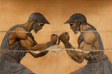 Mural of two ancient Greek boxers in combat stance, detailed with classical attire and headgear.