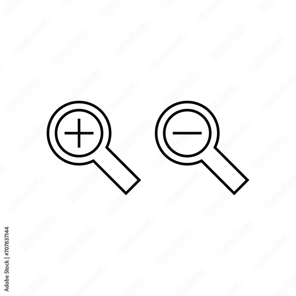 Zoom in and zoom out icons. Simple outline style. Magnifying glass, find, plus, minus, enlarge, reduce, search concept. Thin line symbol. Vector isolated on transparent background. SVG.