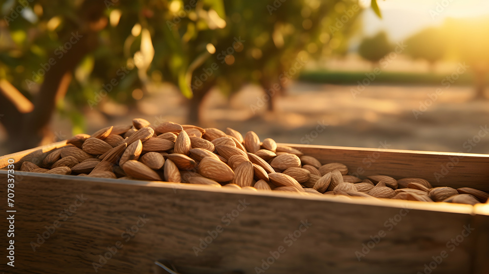Almond nuts harvested in a wooden box in a plantation with sunset. Natural organic fruit abundance. Agriculture, healthy and natural food concept. - obrazy, fototapety, plakaty 
