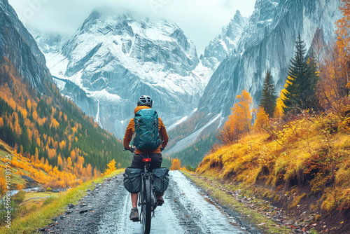 Viaje en bicicleta de montaña con alforjas en un Parque Nacional con un paisaje natural, turismo sostenible, turismo de aventura, turismo ecológico, deporte, aventura