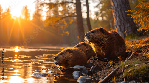 Group of beavers sitting at the bank of the forest river with setting sun. © linda_vostrovska